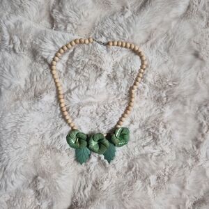 Vintage Wood Necklace Floral Green Tan Round Beads Tropical Resort Vacation Reso